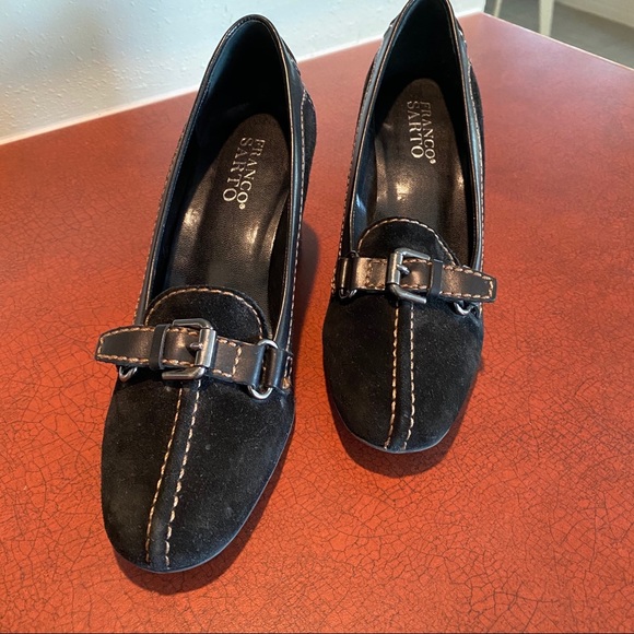 Franco Sarto Shoes Suede Heels 7M SUEDE LEATHER BLACK CHUNKY HEEL Woman’s - Picture 2 of 5